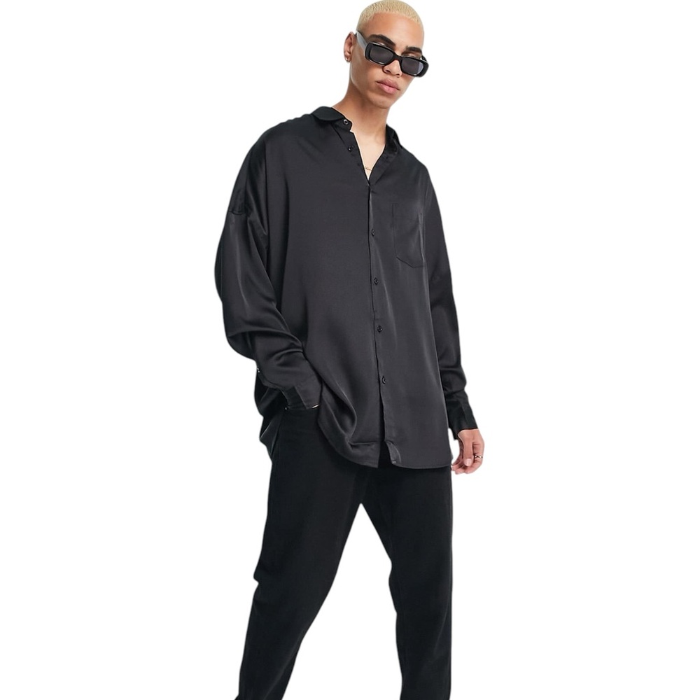 ASOS Design Men's Oversized Satin Shirt with Dip Back Hem in Black